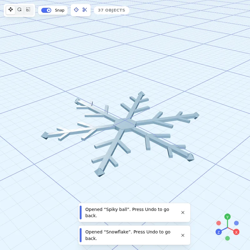 A blue snowflake made with sixfold symmetry