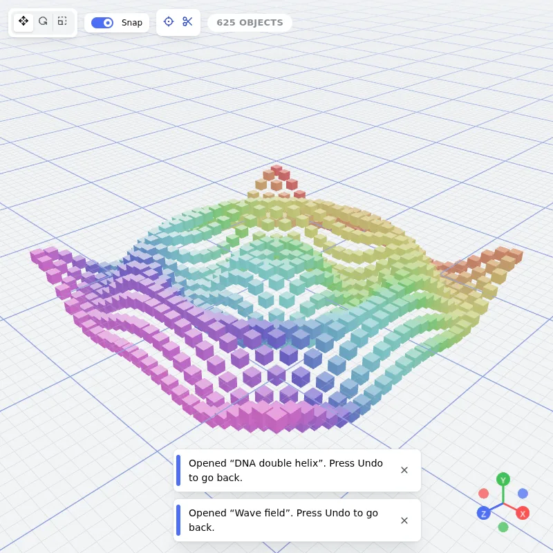 A rainbow field of cubes arranged into a mathematical wave